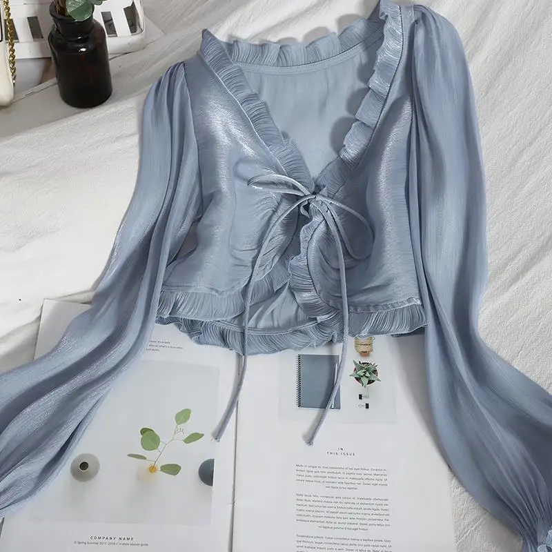 

Sun-proof Long-sleeve Shirts Women Crop Tops Ruffles Temperament Lace-up Fashion Solid All-match Casual Tender Korean Style Chic