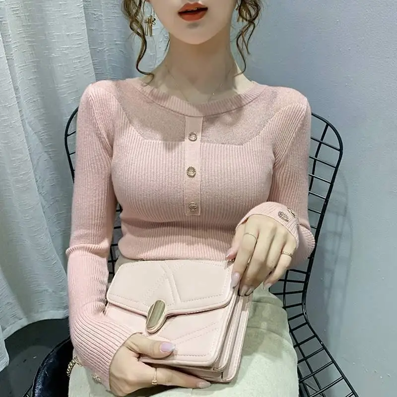 Korean Simplicity Commute Design Gauze Net Montage Button Solid Color Insert Graceful Lace Capable Women\'s Sweater Autumn 2024