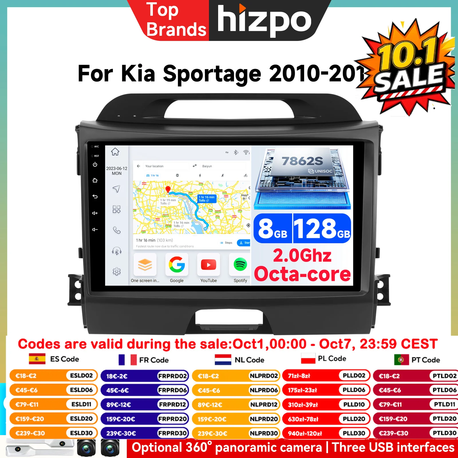 Hizpo 9'' 7862 Système AI Caméra 360 CarPlay Android Auto Autoradio pour KIA Sportage 3 2010-2016 Navigation GPS Lecteur Multimédia