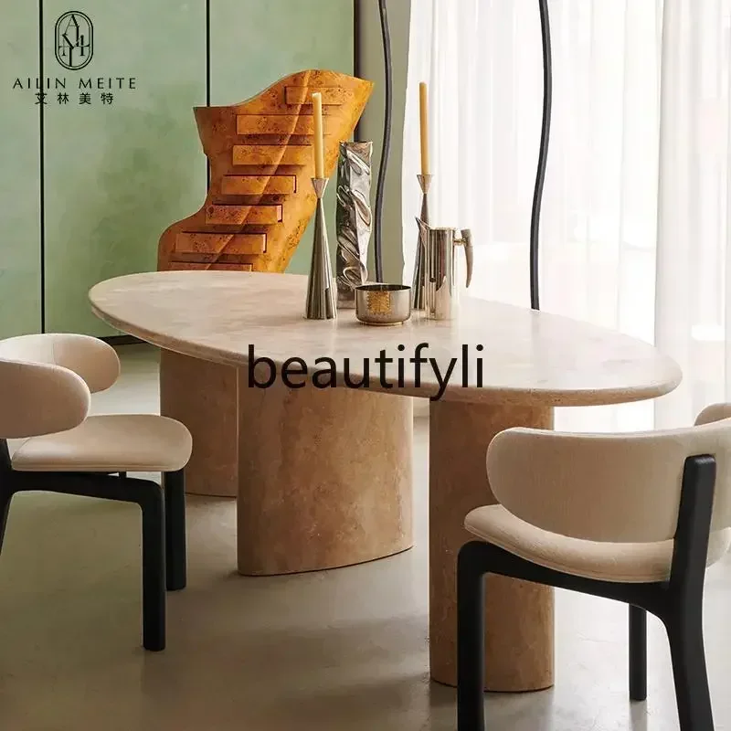 182Q Simple natural travertine dining table Light luxury marble dining table Simple high-end long table