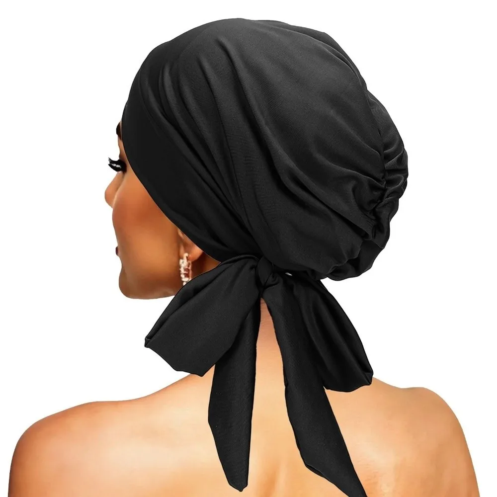 New Solid Color Breathable Base Cap Comfortable Breathable Headscarf Hat Elastic Long Tail Hijab Cap for Muslim Women
