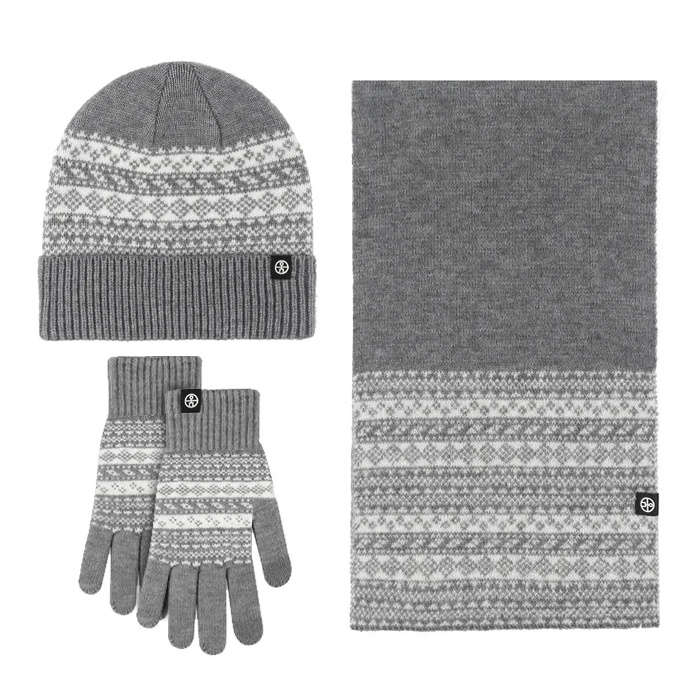 Solid Simple 3Pcs Knitted Set Winter Warm Beanie Hat Long Scarf Touch screen Gloves Hat for Women Men