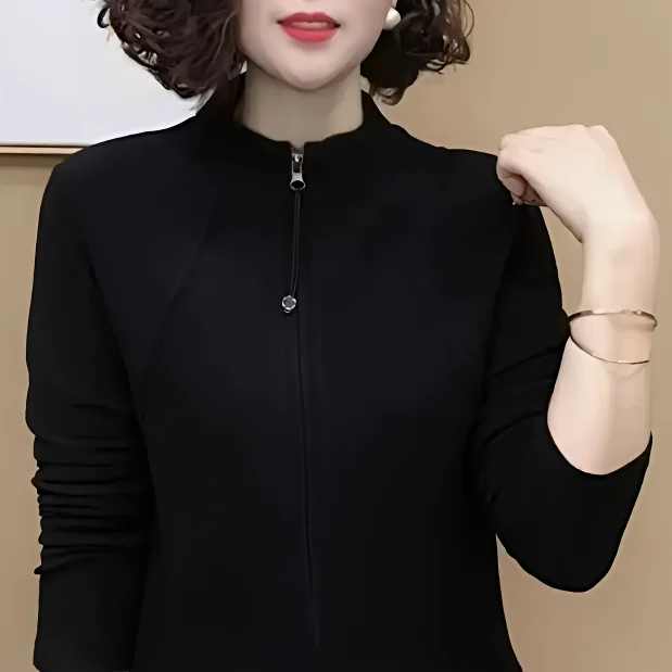 Elegant Zipper Cardigan Outerwear Women's  Color Double-Sided Fleece Winter New Slimming Warm Belly Covering Base Shirt
