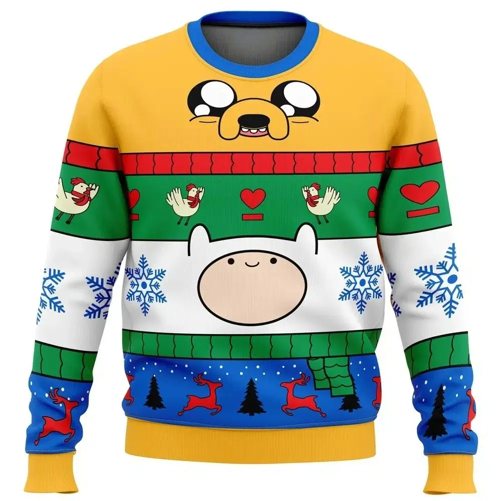 Świąteczna bluza męska z nadrukiem Finn i Jake z serialu Adventure Time, plus size, z okrągłym dekoltem, jesienno-zimowa, z długim rękawem, codzienna, o luźnym kroju.