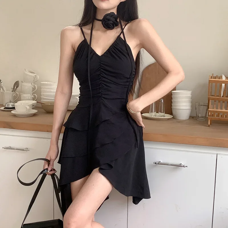 

3D Flower Streetwear Black Vintage Dresses Summer Grunge Y2k Aesthetic Ruffled Vestido Slim Fit Harajuku Woman Irregular Dress