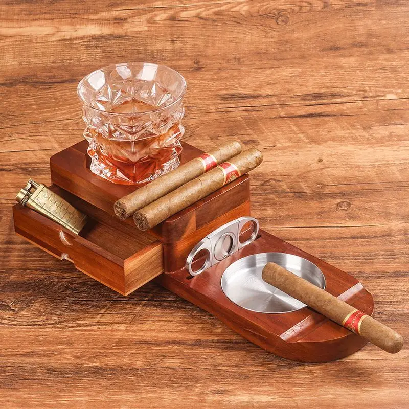

Solid Wood Cigar Stainless Steel Ashtray, Equipped With A Cigar Storage Box And A Round Wine Glass Holder.