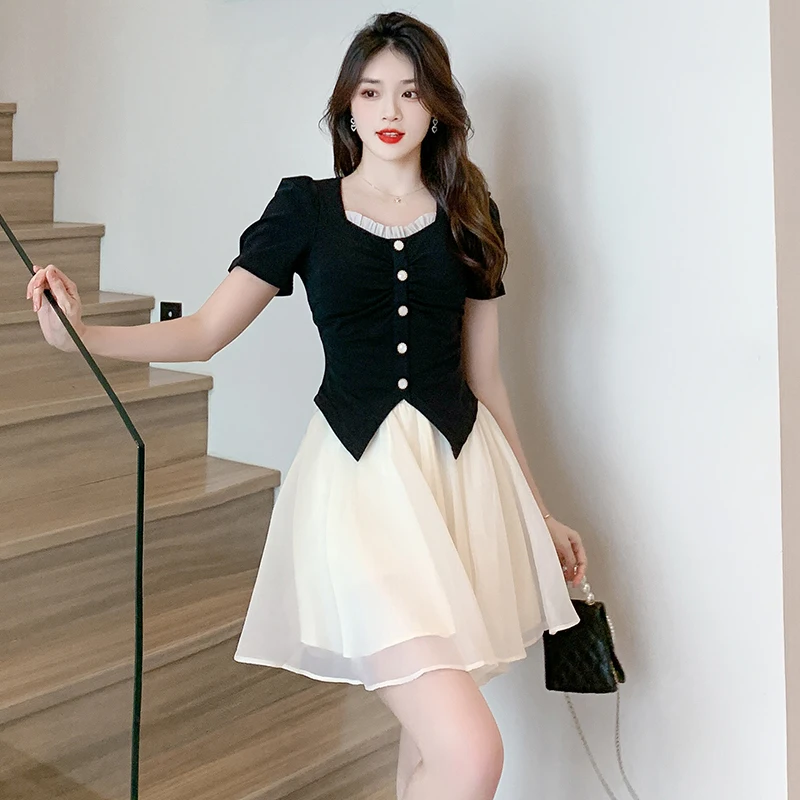 

Chic Women Summer Skirt 2Pcs French Style Pleated Square Collar Puff Sleeve Slim Top + Elastic Waist Tulle Skirts Outfit