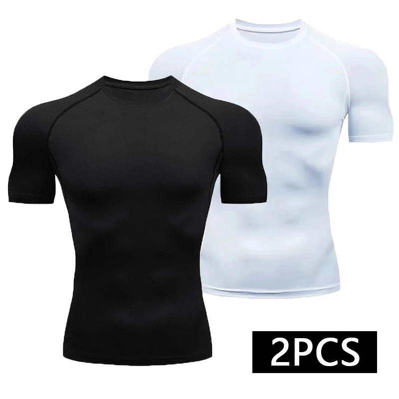 Camiseta de Compressão Masculina 2 Peças para Verão, Roupa Esportiva, Camiseta de Corrida Elástica de Secagem Rápida, Tops Esportivos, Camisetas para Academia e Treino Masculinas