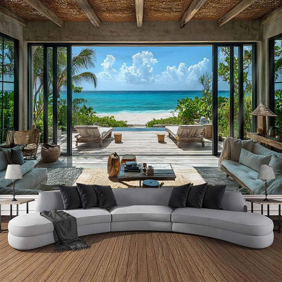 Beach Decor Tapestry Ocean Sea Tropical Island Palm Tree Scenic View From Window Blue Sky,White Clouds Summer Tropical Scenery