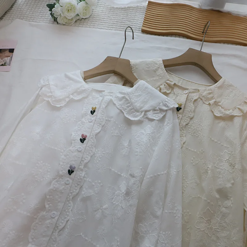 

Ruffle Collar Long Sve Heart aped Button White irt Women's Spring Faion New Design Anti Aging Korean Sle Cotton irt