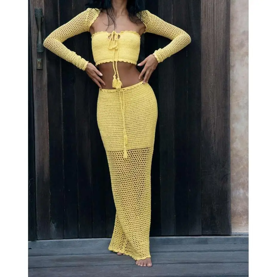 

Fashionable Knitted Three-Piece Set Women's Long Sleeve Wrap Chest Open Cardigan Sexy Bodycon Skirt Ensemble Summer 2023