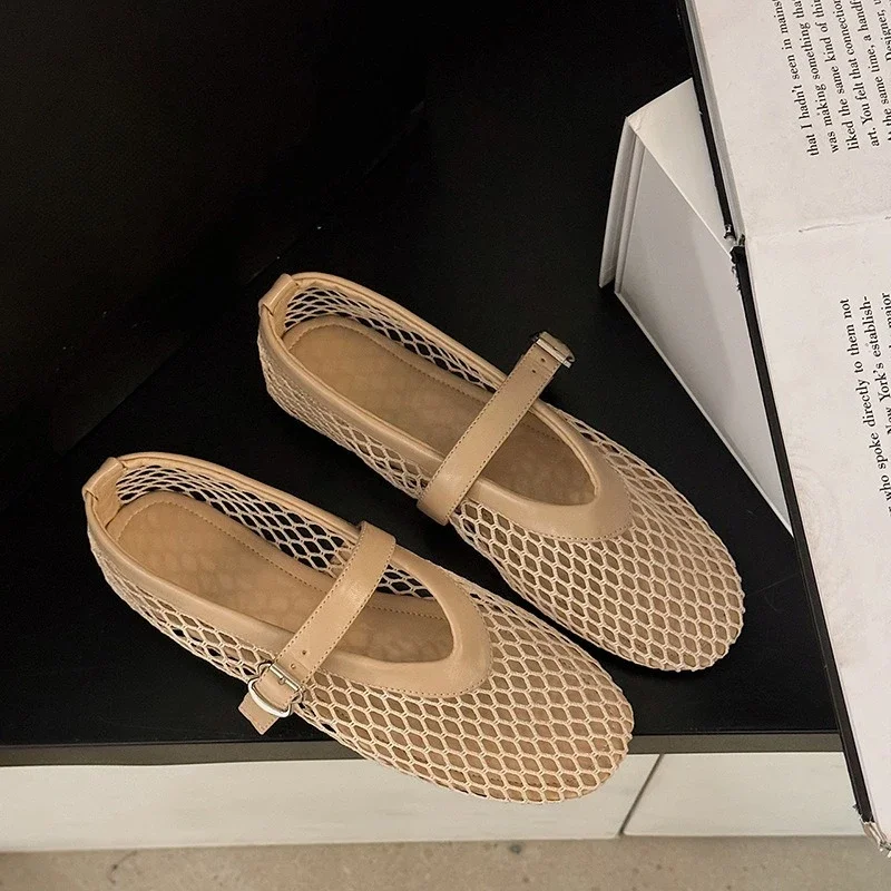 

Summer, Wear Round Toe, Straight Buckles, Casual and Comfortable, Women's Flats, Cut-out Mary Jane Single Shoes,fishnet Shoes