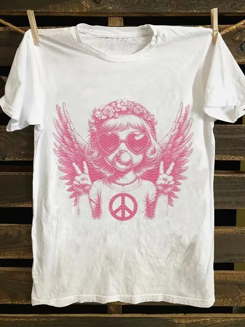 Vintage Punk Angel Wing Print T-shirt Retro Peace Sign Graphic Short Sleeve Tops Men Women Casual Streetwear Daily Wear Tee