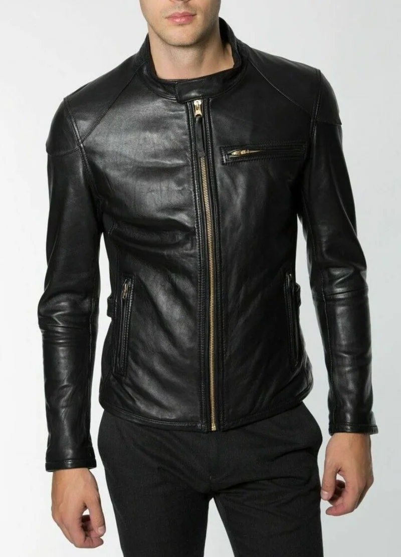 

Men Leather Jacket Genuine Lambskin Leather Coat with Gold Zipper Fashion Outwear