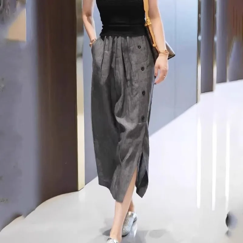 New Elegant French Grey Linen Skirt Women Casual Loose Slim High Waist Office Lady Single Breasted Split Midi Skirts