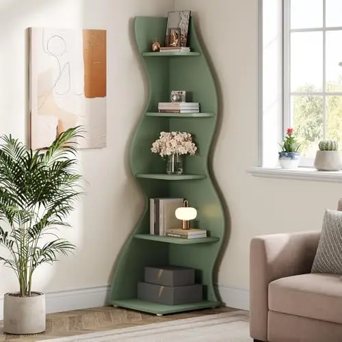 Wavy Corner Shelf, Modern 5-Tier Bookshelf Bookcase with Curvy Shape, Unique Plant Stand Display Rack for Living Room