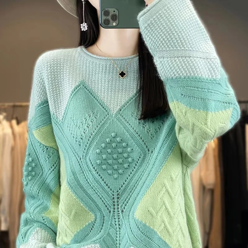 2025Spring Autumn New Round Neck Color Matching Pullover Sweater Women Temperament Casual Warm Knitwear Female Jumper Top Ladies