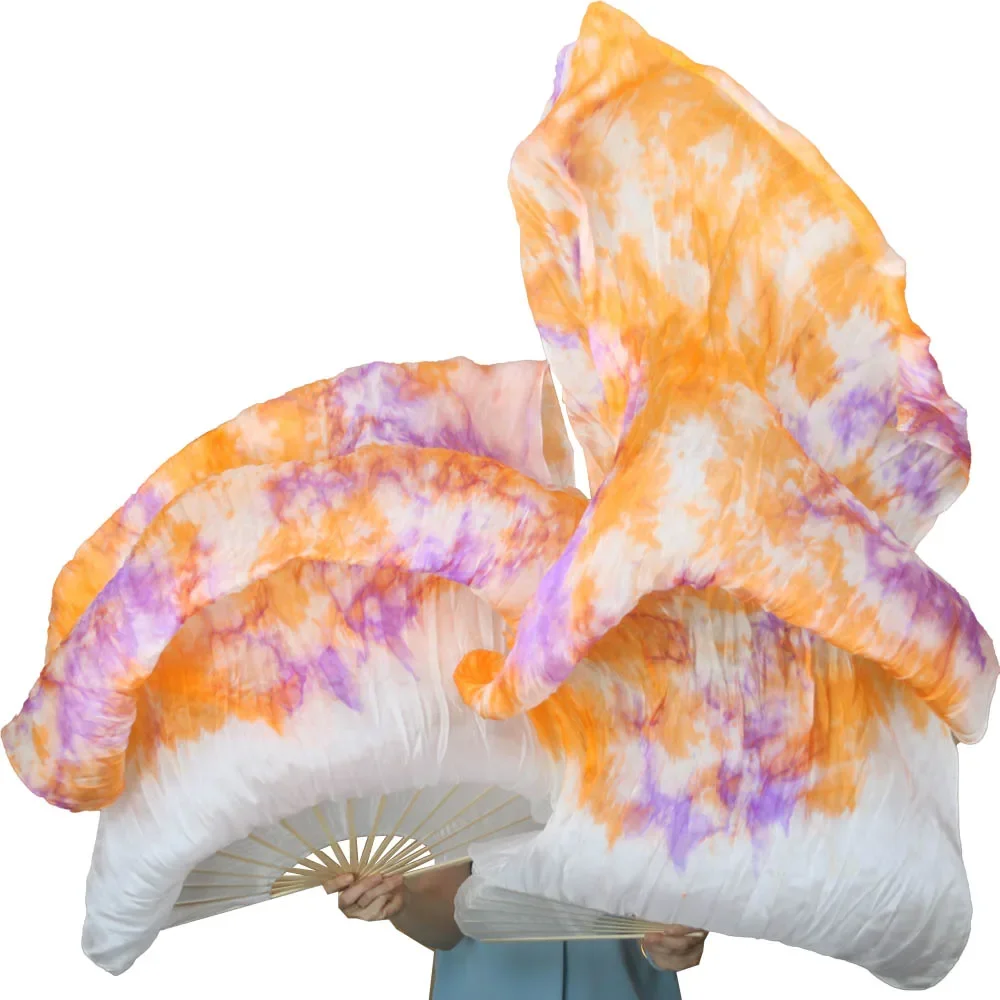 Echte Zijde Dans Fan Buikdans Fan 1 Paar Uitgebreide Fans Handgemaakte Kleur Tie-dye Zijden Fan Moderne Dans Aanpasbare Grootte Fan
