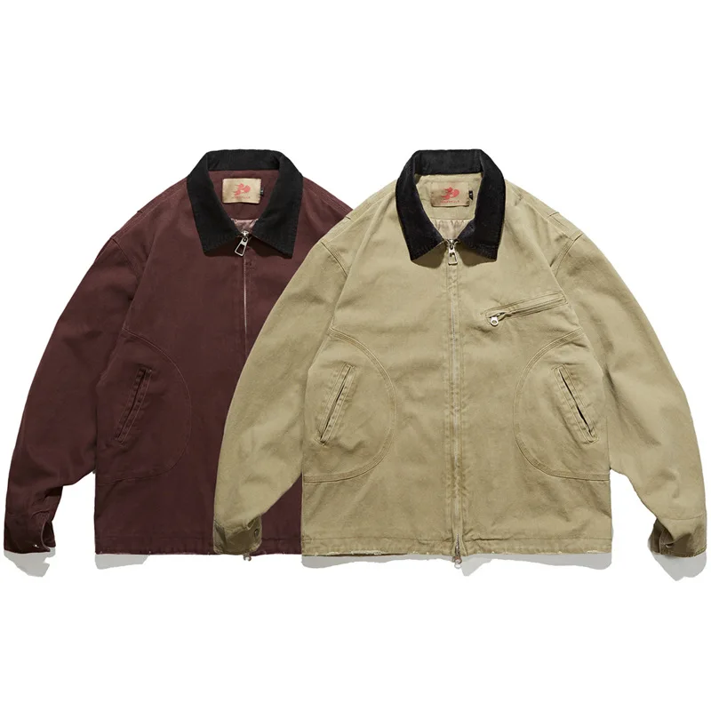 

MAQVOB Top Quality EU US Size Retro Washed Worn-out Corduroy Collar Workwear Jacket Men Women Loose Detroit Safari Jacket