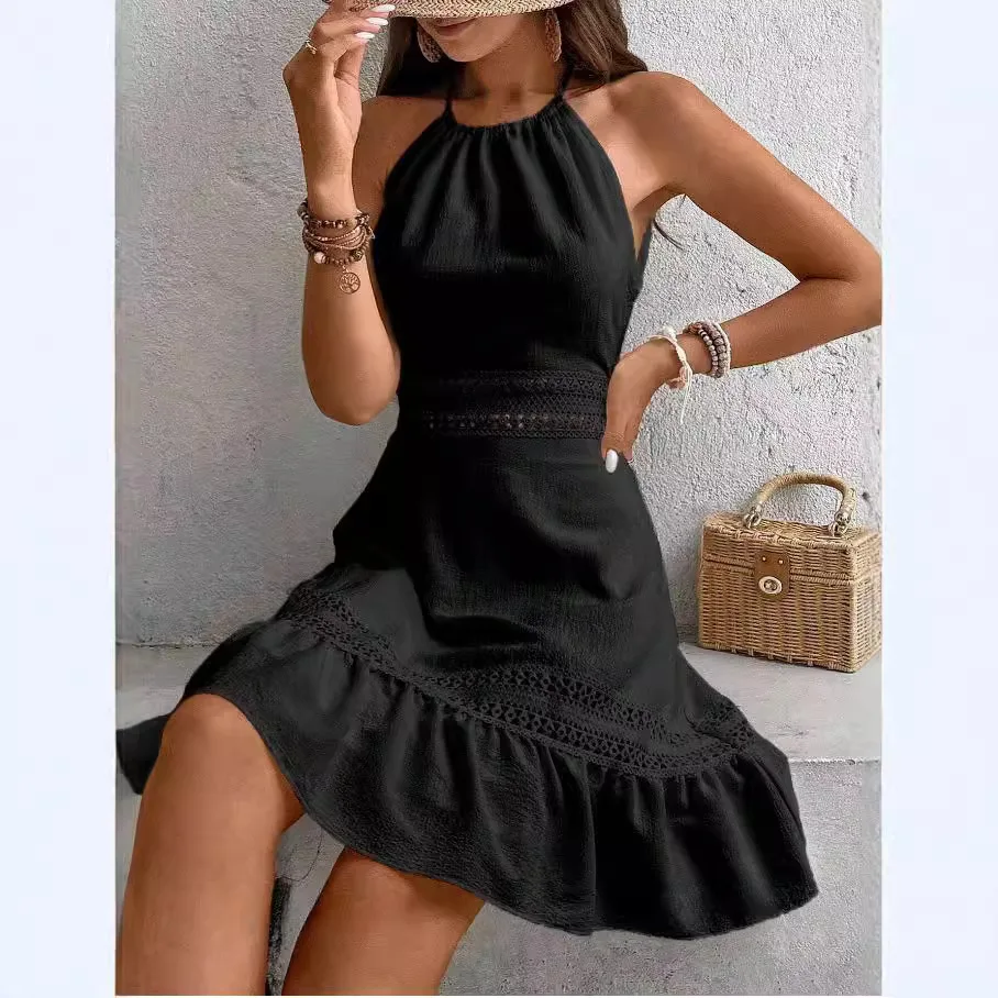 

Женские пляжные платья без рукавов и с открытой спиной, сексуальное мини-платье с бретельками на шее, элегантное вечернее платье, короткое женское платье белого цвета