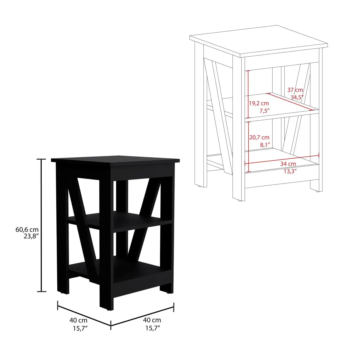 Taylor End Table, Side Table, Nightstand, 3-Tier Storage Shelf, Sofa Table for Small Space Black