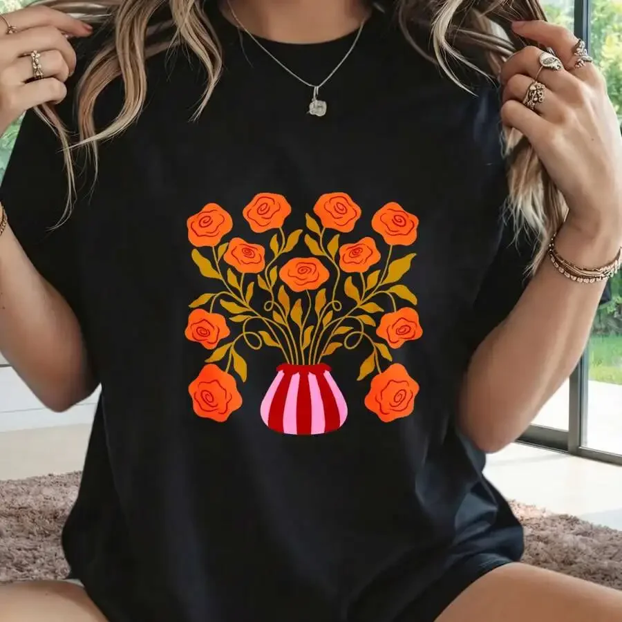 Women's Orange Roses in Vase Floral Print Summer Daily Casual Short Sleeve Crew Neck Graphic T‑Shirt Tee Top Clearance Sales