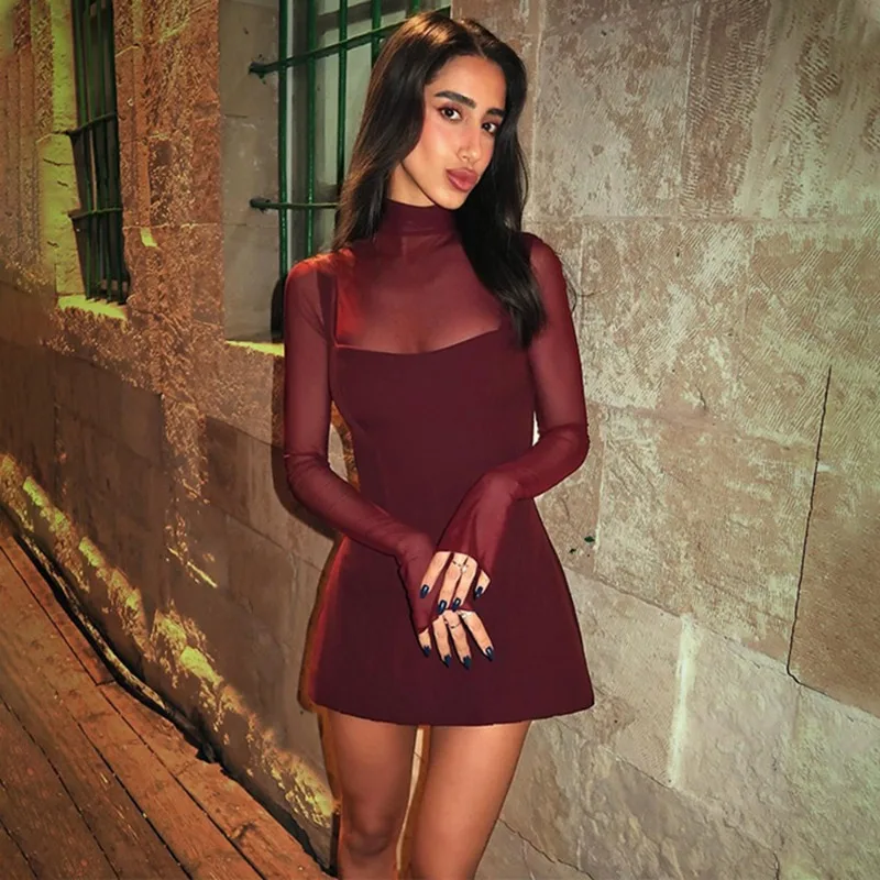 ชุดเดรสตาข่ายปะติดปะต่อแฟชั่นผู้หญิง เซ็กซี่ สตรีทแวร์ แขนยาวเต็มตัว คอเต่า ทรงเข้ารูป มินิเดรส สำหรับผู้หญิง