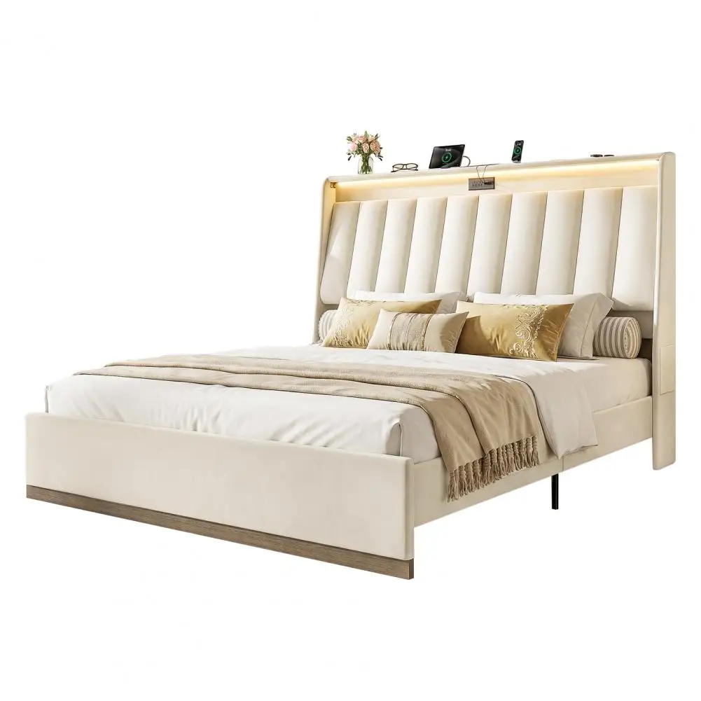Platform Bedstead, Queen Size Bed Frame, Upholstered Bed Frame with RGB LED Lighting Charging Station, Storage Space