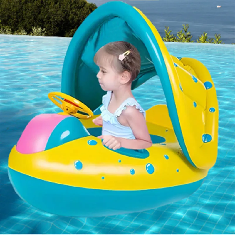 Parasol circular de natación para niños, anillo de asiento a rayas, anillo de asiento inflable para jugar en el agua con mango, flotador de natación para bebé