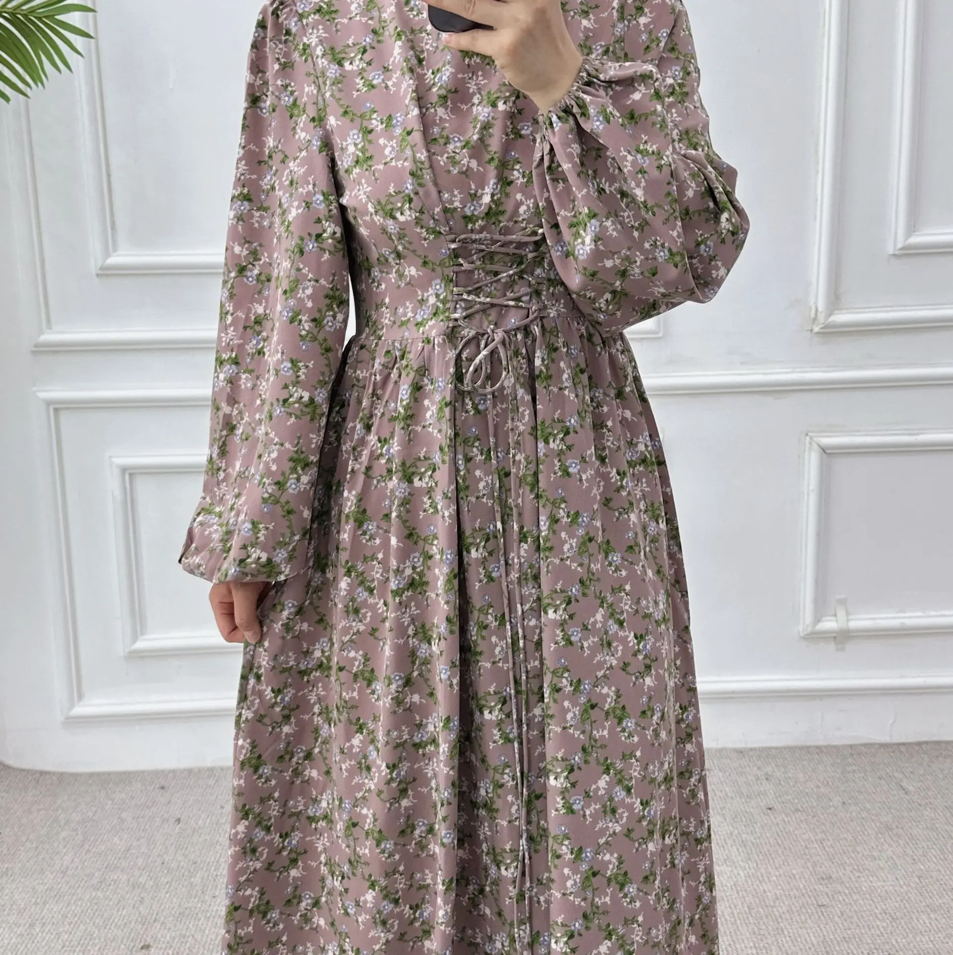 6 Colors Fashion Luxury Lace Up Muslim Abaya Dress Elegant Flower Printed Dress Waist and Ankle Length Printed Long Dresses