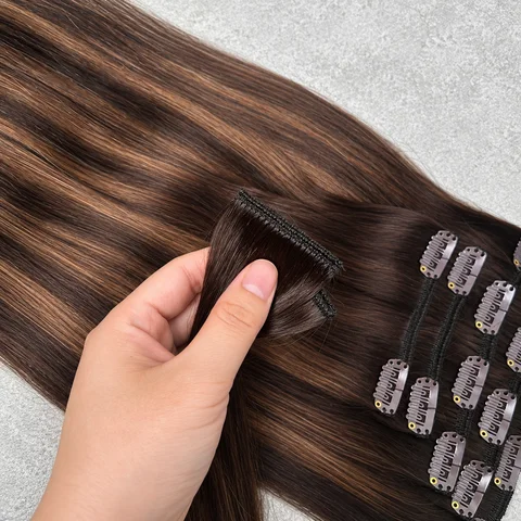 18-26 Inch T26P2# Clip In Hair Extensions 100% Human Hair 120Grams/Pack 7Pcs/Sets Brazilian Real Remy Straight Hair Colored Dark Brown With Honey Blonde Highlight Ombre Clip on Hair Extension For Women