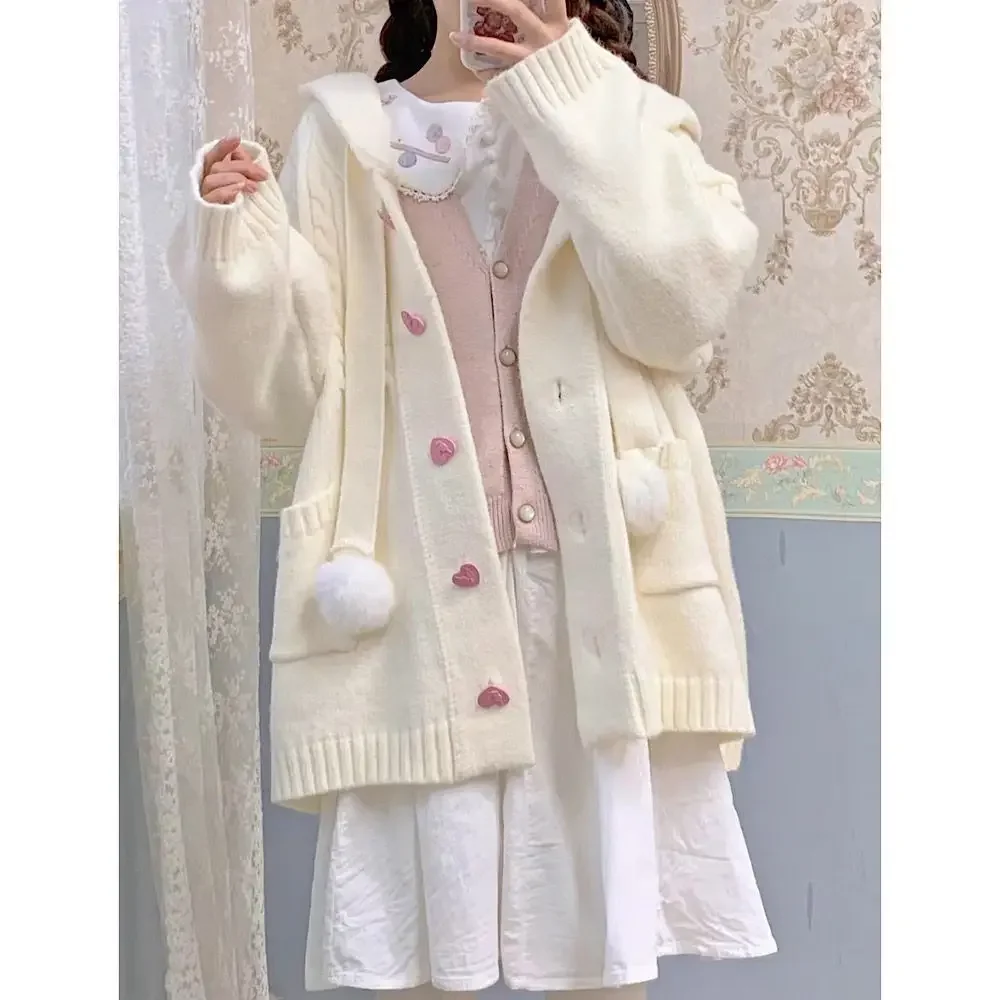 

Korean Chic Hemp Pattern Sweaters Onalippa Sweet Hooded Knitted Women Cardigan Balls Single Breasted Chic Buttons Cardigans