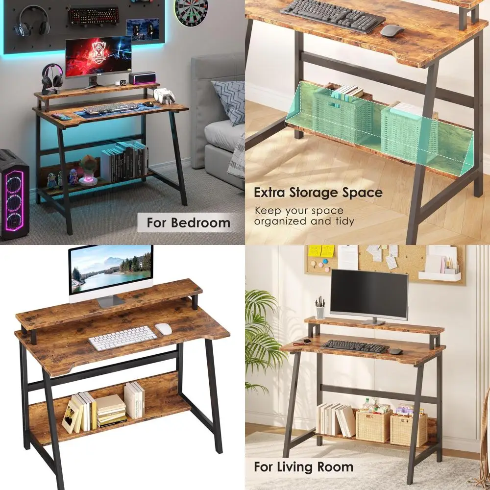 

Компактный стол 31,5 с местом для хранения вещей для домашнего офиса, учебы и письма коричневого цвета со встроенной подставкой для монитора