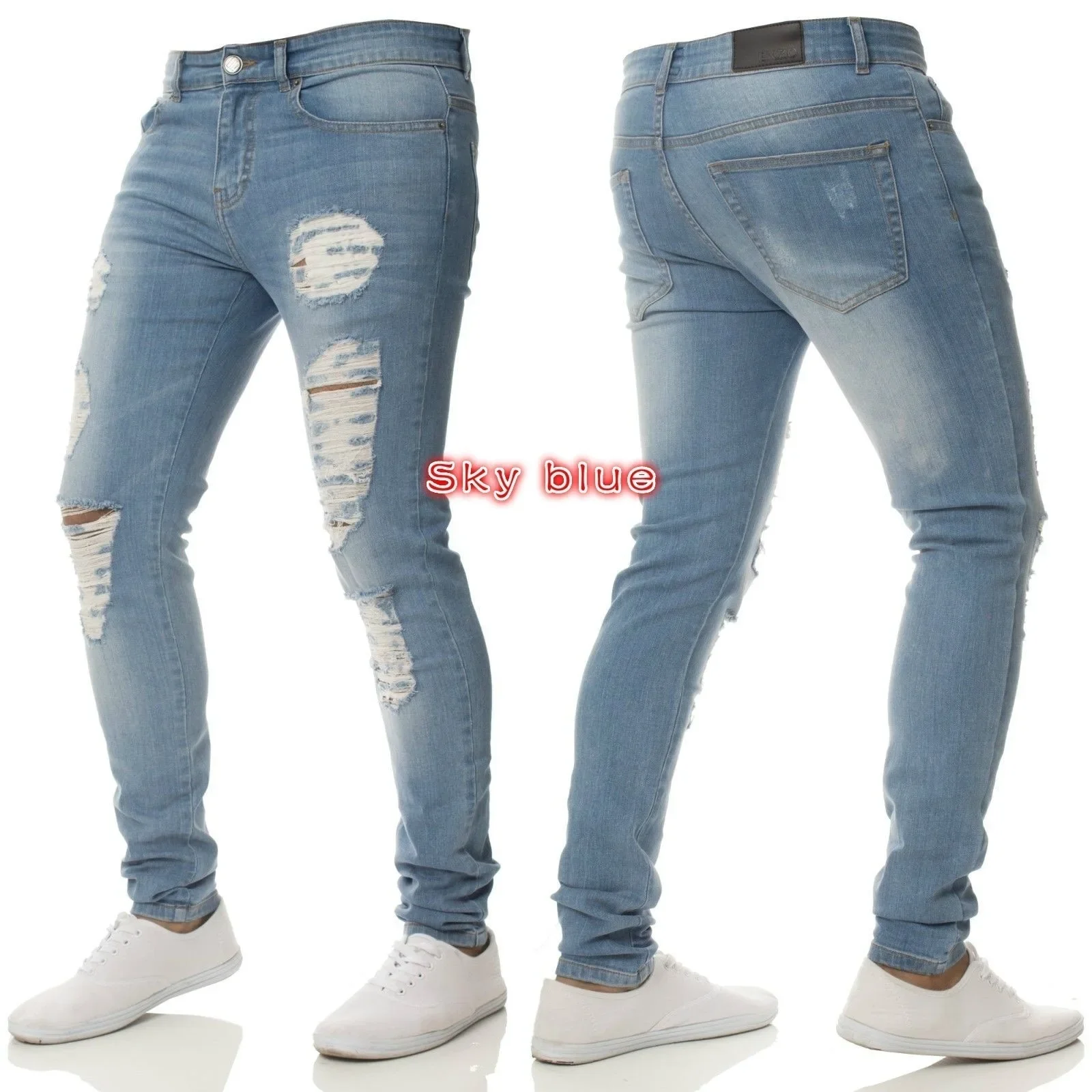 Men Jeans Pencil Pants Denim High Waist Slim Fit Sheath Solid Color Holes Slight Strech 2025 Spring Ankle Length Streetwear