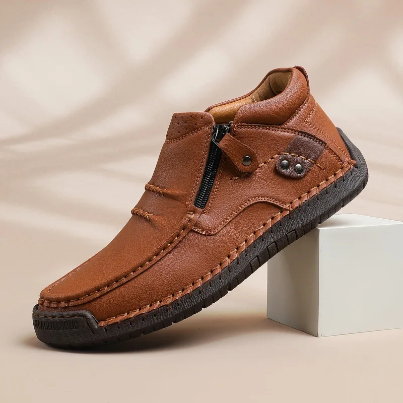

Plus Size 38-50 Handmade Men Leather Boots Comfortable Zipper Breathable Sneakers Fashion Men Casual Hot Sale Walking Shoes 2026