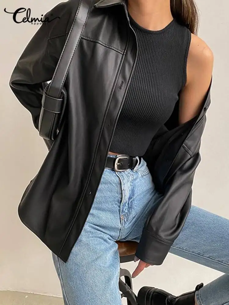 Celmia Women PU Leather Jackets 2023 Autumn Long Sleeve Lapel Outerwear Casual Street Overshirts Fashion Faux Leather Black Tops