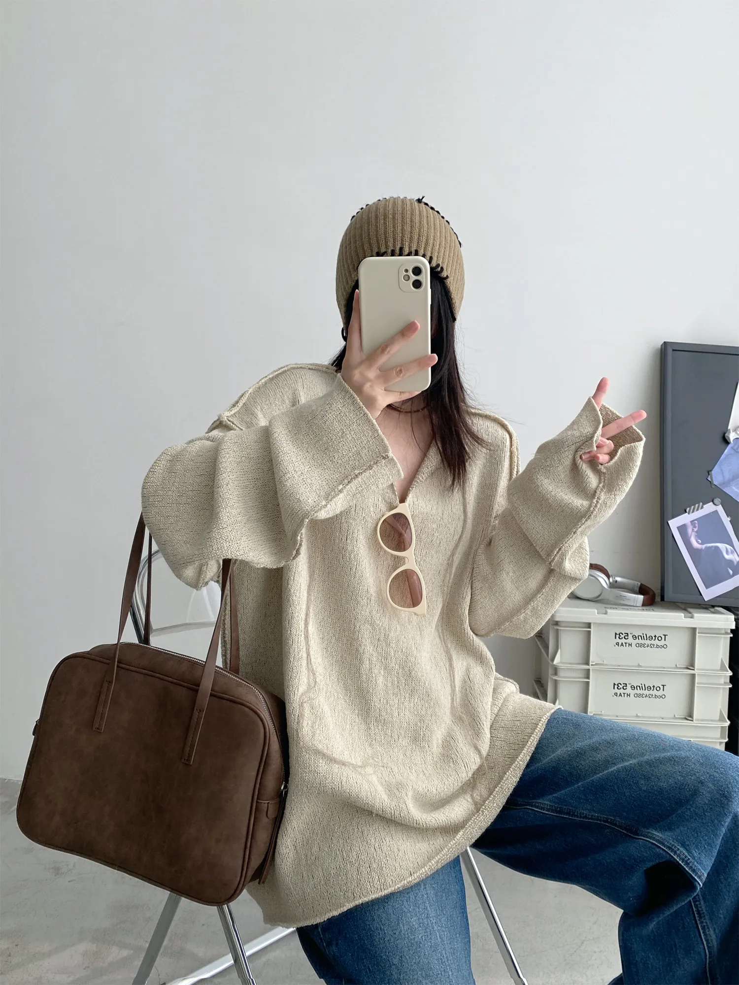

Women's V-Ne Knitwear Loose Long Sve Double-Sided Wear Autumn Faion Comfortable Lazy Sle Pullover Color Top