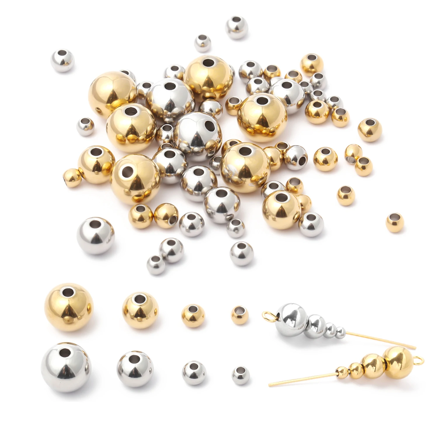 30/50 stücke 3/4/6/8mm Edelstahl kugel großes Loch runde Perlen Goldfarbe lose Abstands perlen für DIY Schmuck herstellung Zubehör