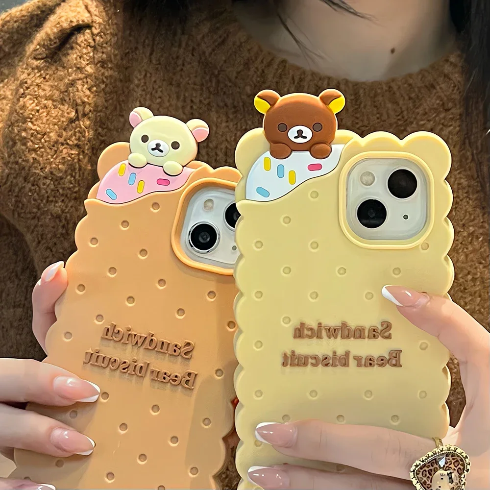 Cute Funny Rilakkuma Bear Biscuit Case for IPhone 16 15 14 13 12 11 Pro Max Soft Silicone Shockproof Coque Fashion Protect Cover