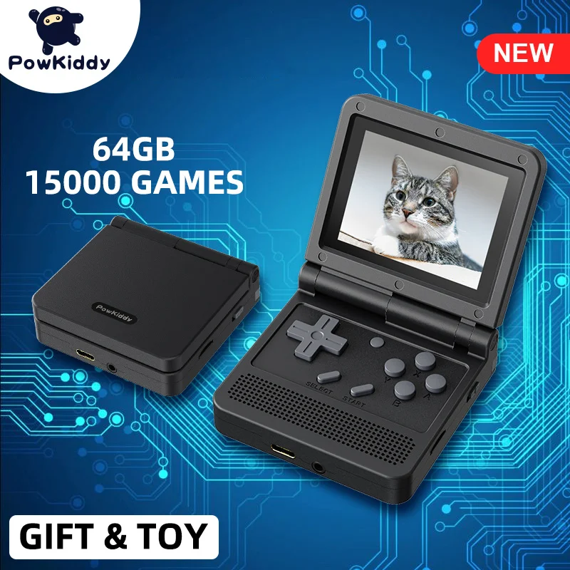 Powkiddy New V90 Black Retro Video Game Console 3-inch High-definition IPS Screen Flip Built-in 15000 Games 64GB PS1 Game