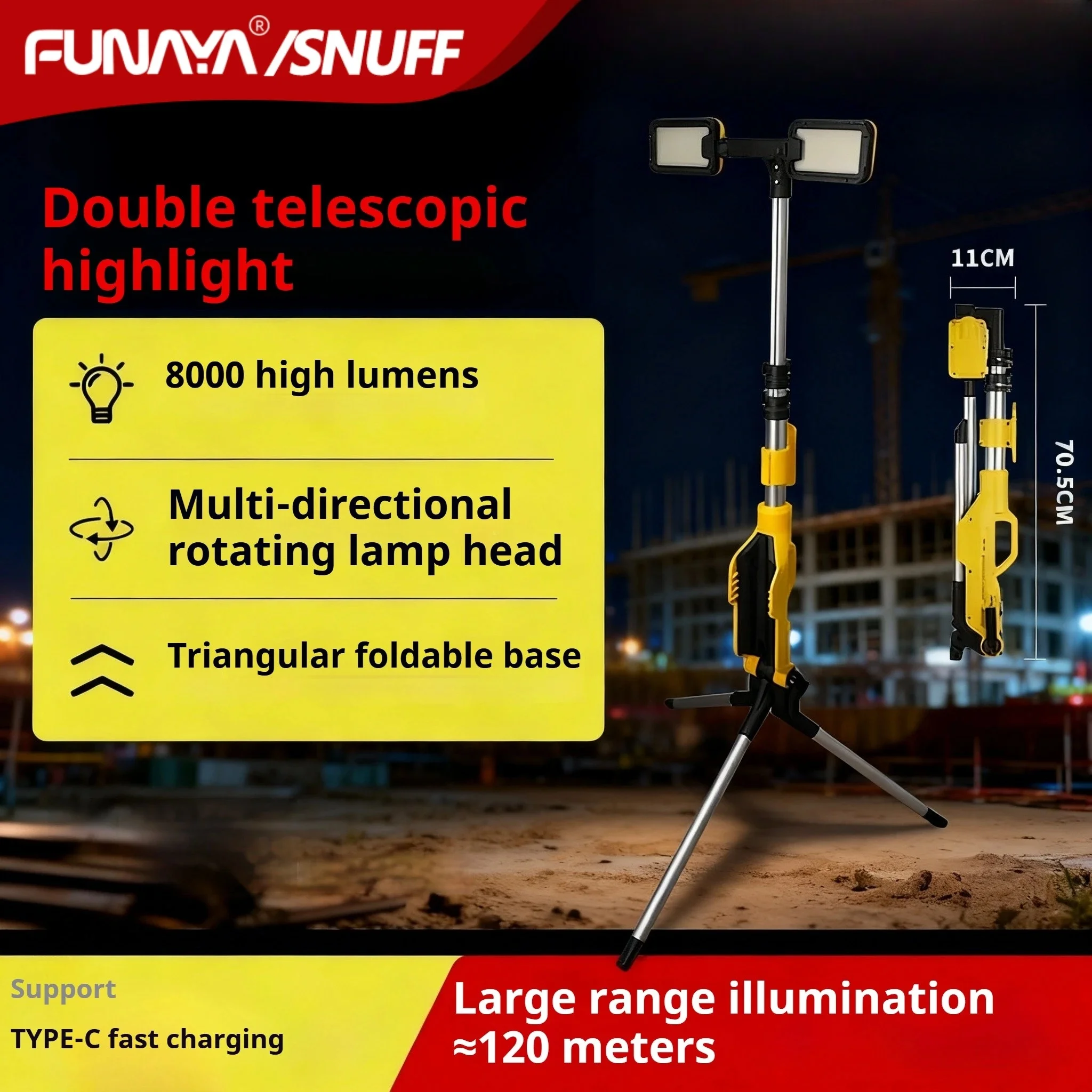

FUNAYA Outdoor Bright Rechargeable Work Light - Telescoping Version LED Flood Light with Tripod Stand for Construction Site