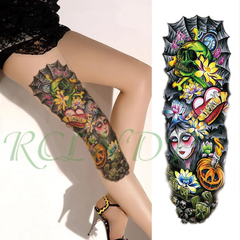 Waterproof Temporary Tattoo Sticker Halloween pumpkin skull beatifull girl full arm large fake tatto flash tatoo for men women