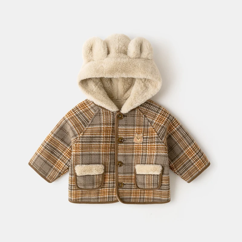 

2025 Winter New Bear Hat with Thick Velvet Embroidery Pattern Checkered Button Coat