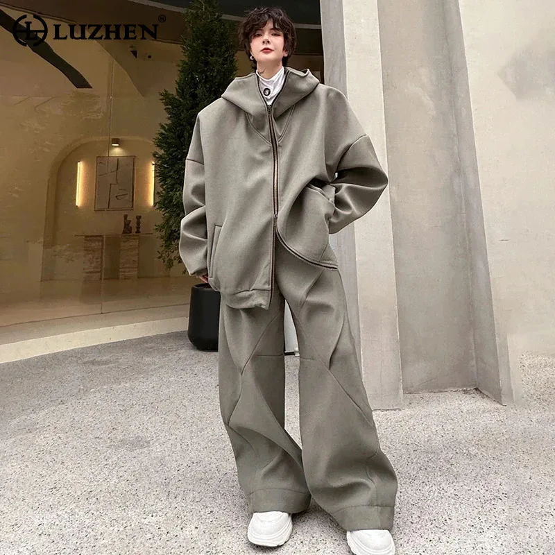 LUZHEN 2024 Stylish Men\'s Solid Color Original Design Loose Hooded Two-piece Sets Trendy High Street Jacket Baggy Pants LZ2785