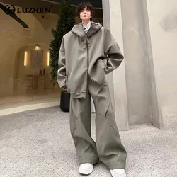 LUZHEN 2024 Stylish Men's Solid Color Original Design Loose Hooded Two-piece Sets Trendy High Street Jacket Baggy Pants LZ2785