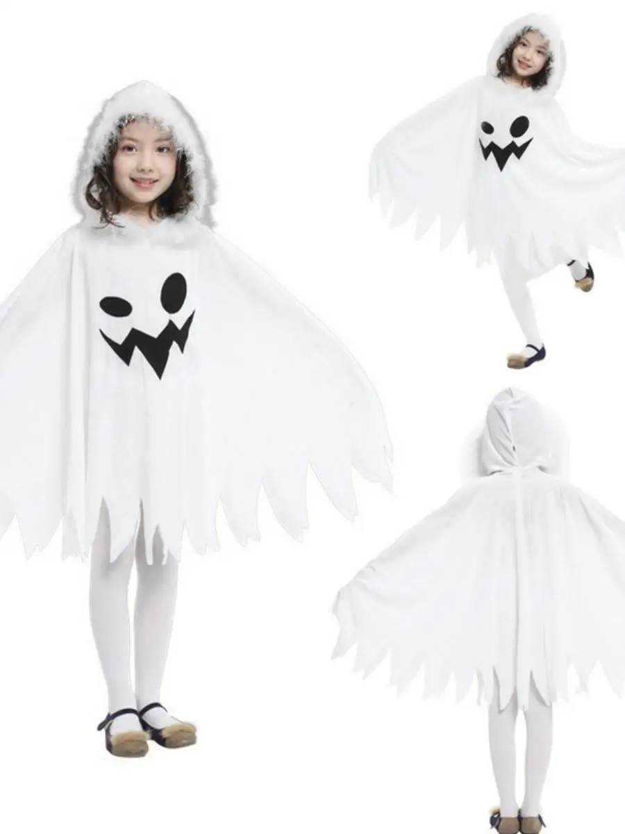 

Новый детский косплей на Хэллоуин, белый плащ с капюшоном и призраком, халат Cisas, костюм, полиэстер, без бренда, Registere...