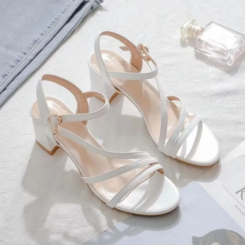 Woman Shoes Open Toe White With Medium Heels For Office Work Leather Sandals Women Anti Slip Hot Summer 2024 Offers Vip Footwear