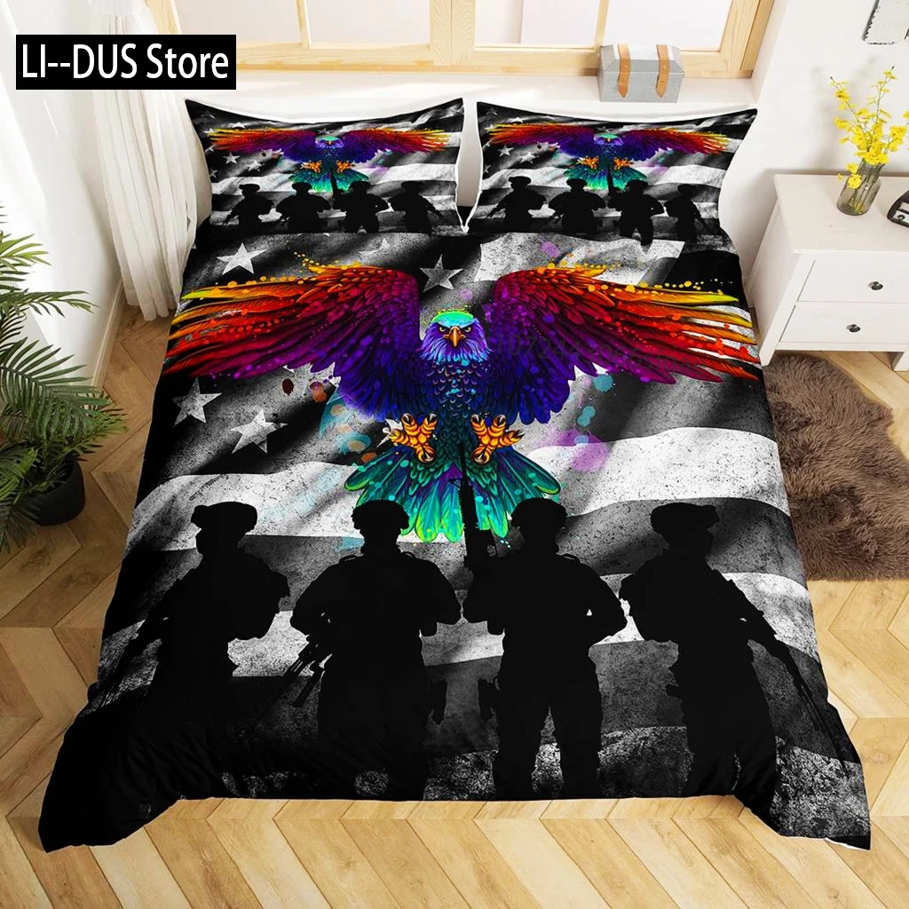 Soldat Bettbezug-Set, King-Size-Bett, Soldat, Hubschrauber, Silhouette, Bettwäsche-Set, Mikrofaser, 2/3-teilig, grün, schwarz, Militär-Bettbezug