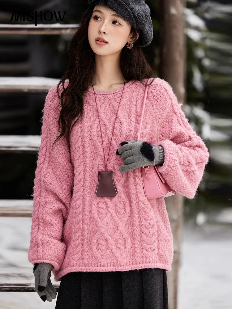 MISHOW Coarse Yarn O-Neck Pullover Loose Warm Solid Knitted Sweater Versatile Sweets High Strecth Soft Warm Tops MXD59Z1135