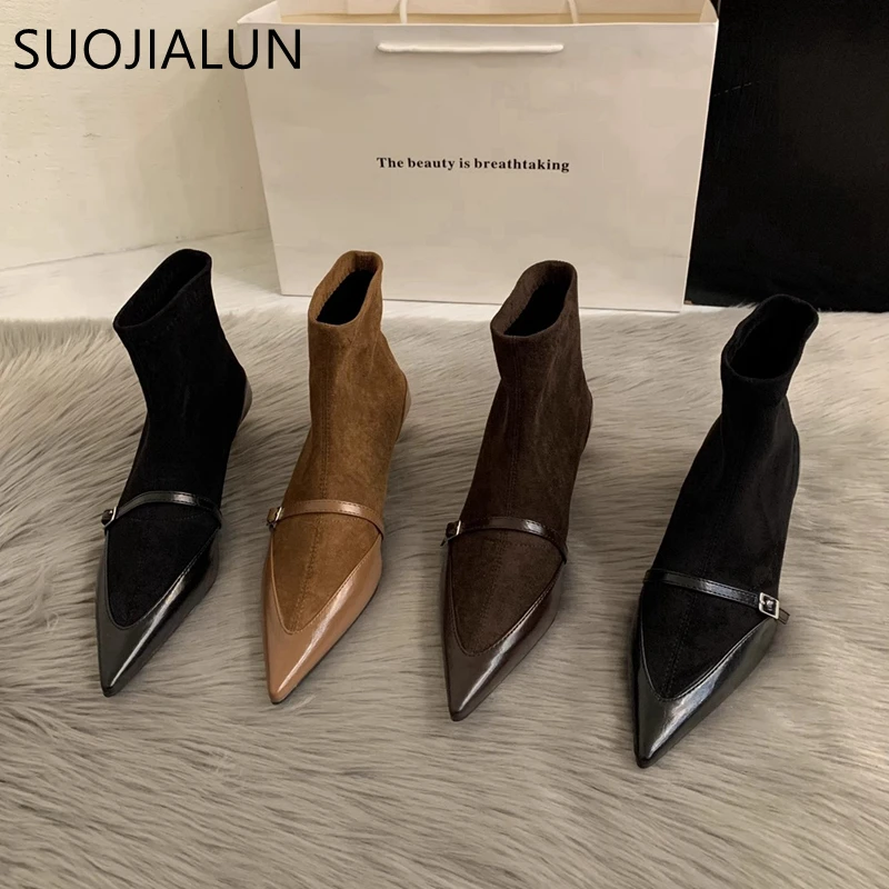 SUOJIALUN Winter New Brand Women Ankle Boots Fashion Pointed Toe Ladies Elegant Short Boots Shoes Thin High Heel Dress Pumps Sho